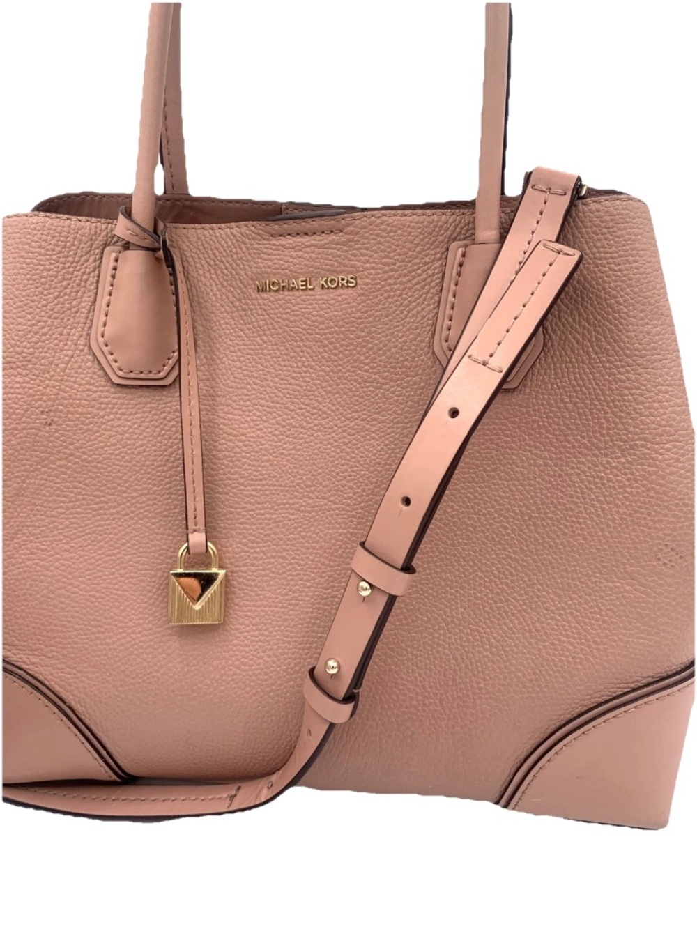 Michael Kors Deep Pink Mercer Medium Pebble Leather Gold Lock Detail Handbag - Picture 2 of 14